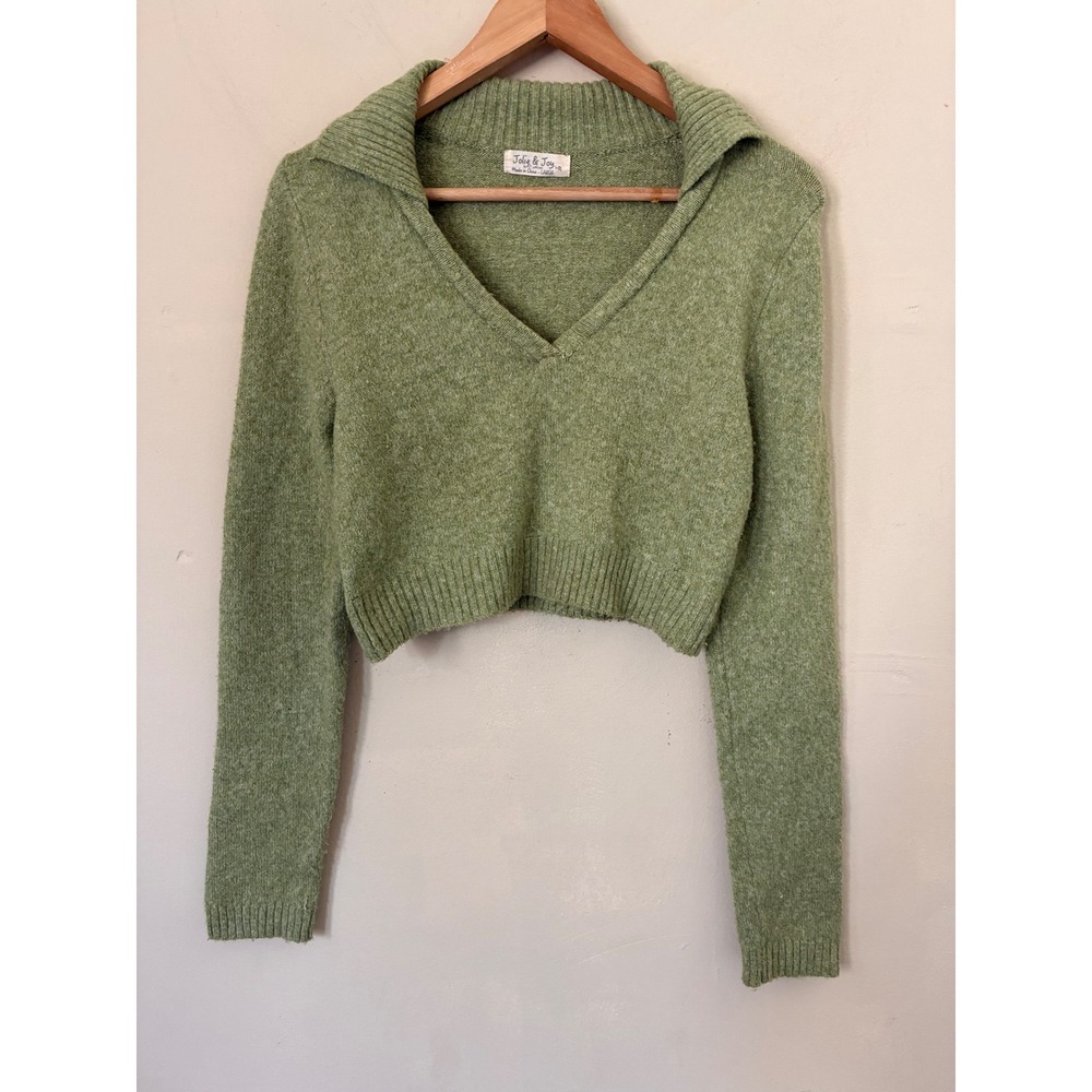 Jolie & Joy Sage Green Cropped V-Neck Polo Sweater Long Sleeve Large Minimalist